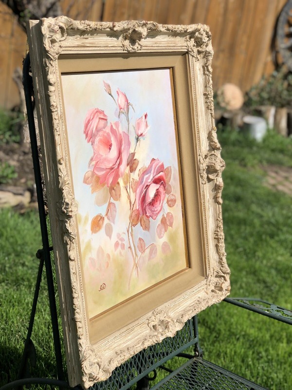 VTG ARETA 1978 SIGNED ORIGINAL OIL PAINTING PINK ROSES VICTORIAN FRAME 23”X28” gallery