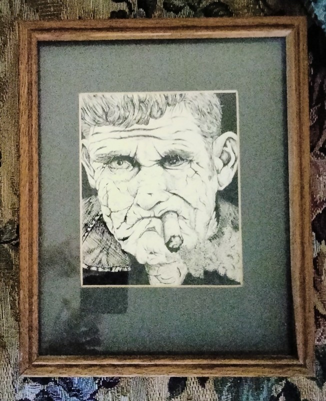 'Cigar Smoking Man' Original Ink Drawing-Framed/Glass gallery
