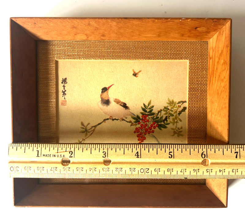 Vintage Asian Hand Painted Silk Bird Branch Berries Signed Framed Miniature Art gallery