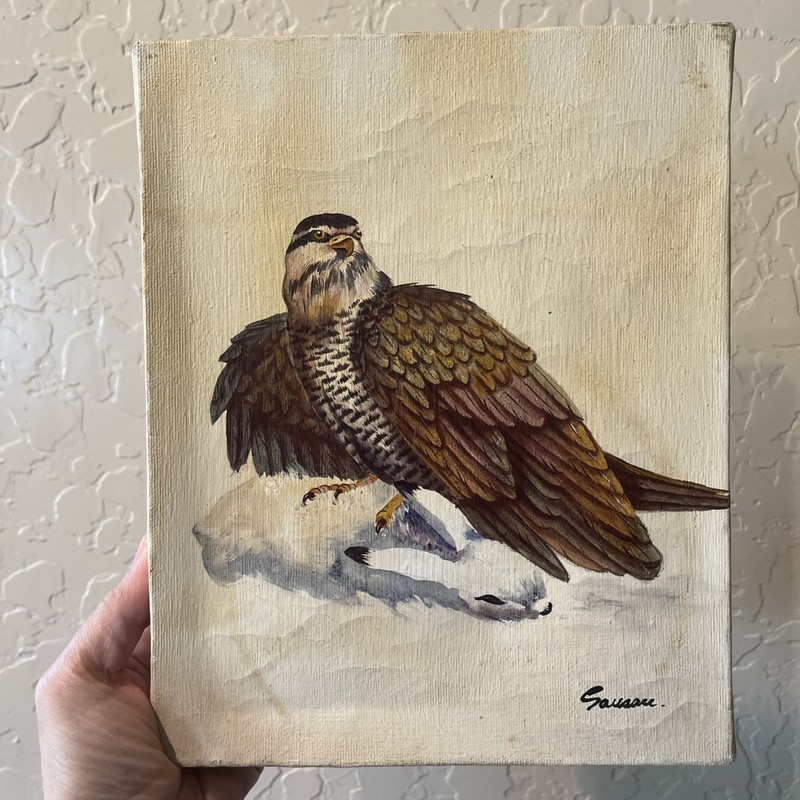 VTG Original Oil Painting Hawk Falcon W/Rabbit Prey Sporting Hunting Art signed