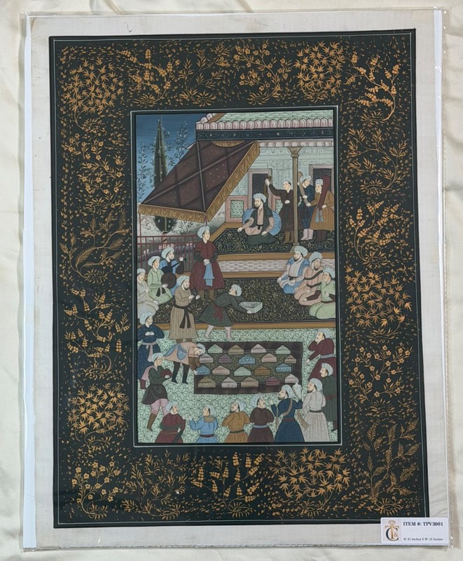 Handmade Mughal Court Miniature Painting with Ornate Floral Border