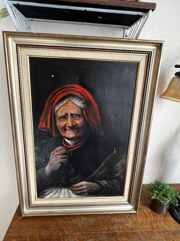 VINTAGE OIL ON CANVAS EARLY 20TH CENTURY – THE OLD LADY WITH RED BEADS
