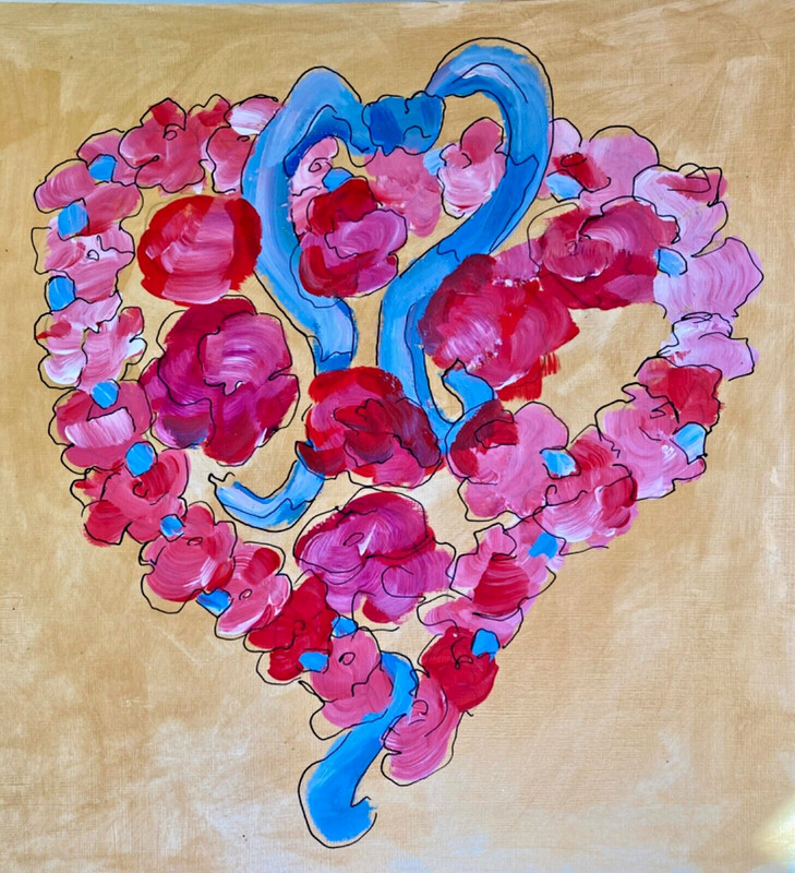 HEART BLUE RIBBON PINK RED ROSES original abstract acrylic art 11×10.5 in MHS