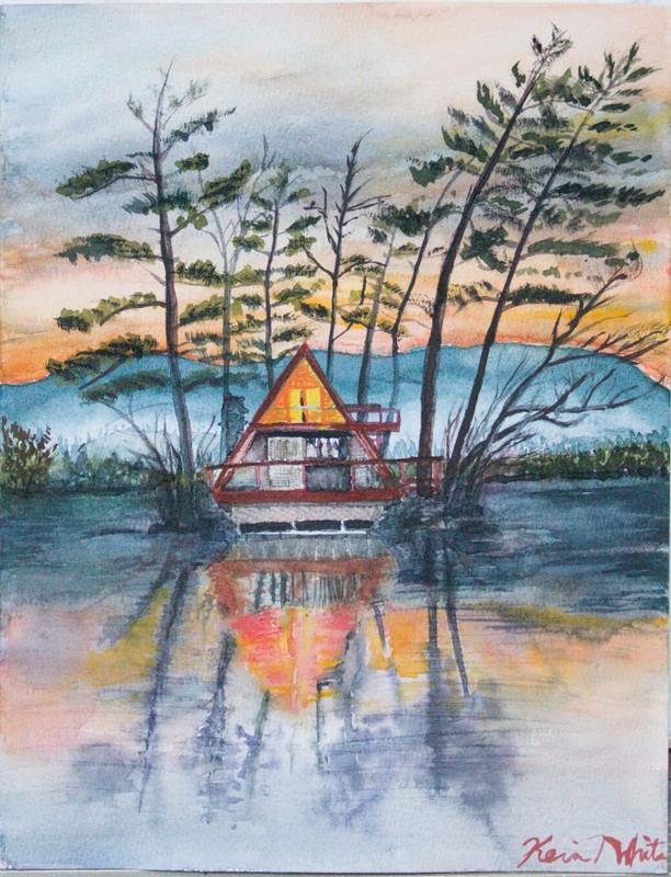 Lake Lodge Original Watercolor Art Painting Nature Cabin 9×12 Matted Signed