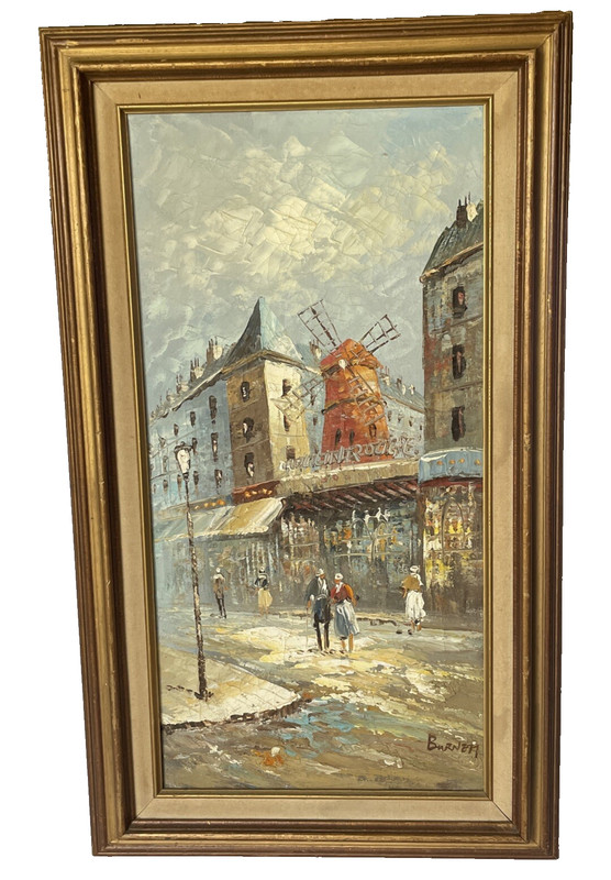 Caroline C. Burnett Signed Framed Oil on Canvas Painting Moulin Rouge 29×17 in