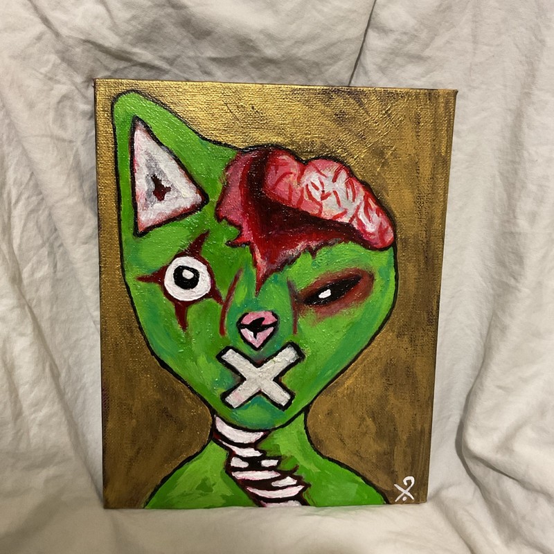 10×8 Hand Painting Original -zombie Cat- Sold By Artist