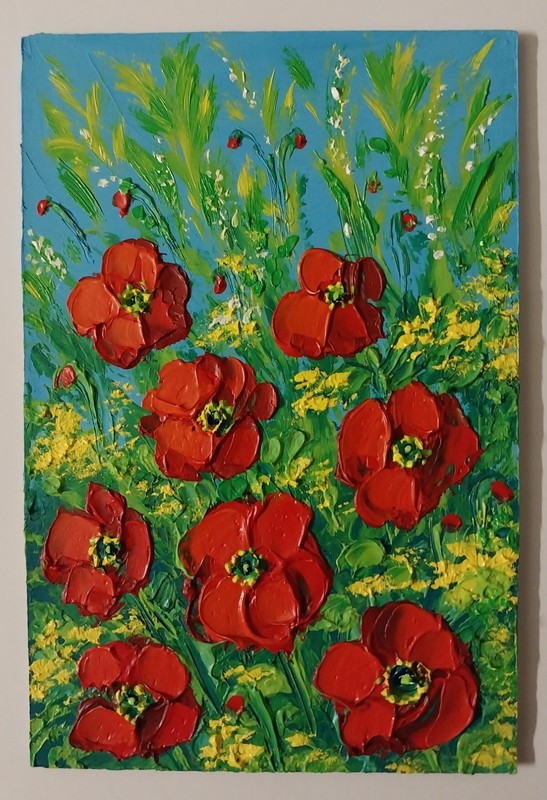 Framed Red Poppies Summer Wild Flowers Art 4x6" Impasto Oil Painting Original gallery