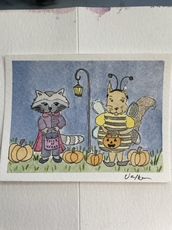 ACEO Raccoon Vampire & Squirrel Bee Trick Or Treat Halloween Painting ATC Card gallery