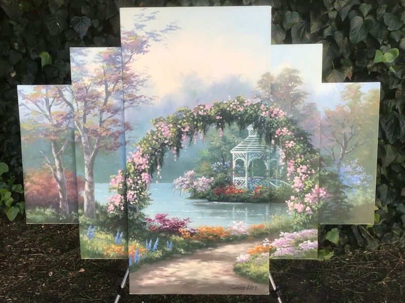 SUNG KIM Original HUGE LANDSCAPE 50″ x 40″ Floral Triptych 3 Panel Oil on Canvas