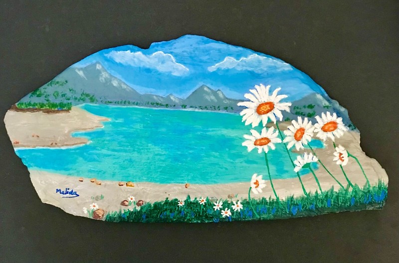 Lake Painting on Natural Slate Painting, Daisies and Lake Art, Mountain Art