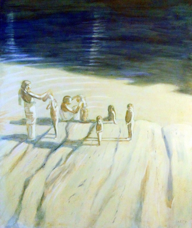 BATHING BY THE RIVER Original OIL Painting Arthur Robins NYC women children