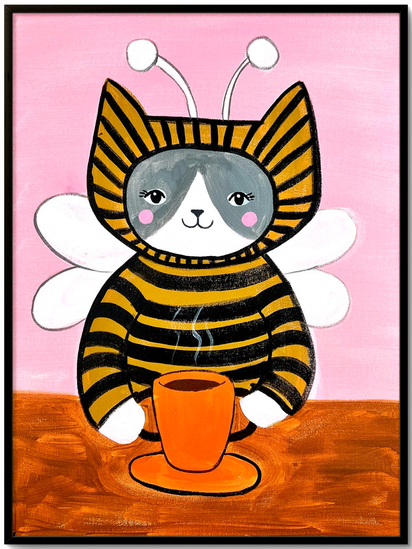 Gray Tuxedo Cat in Bee Costume Painting, Whimsical Cat Art 12×16