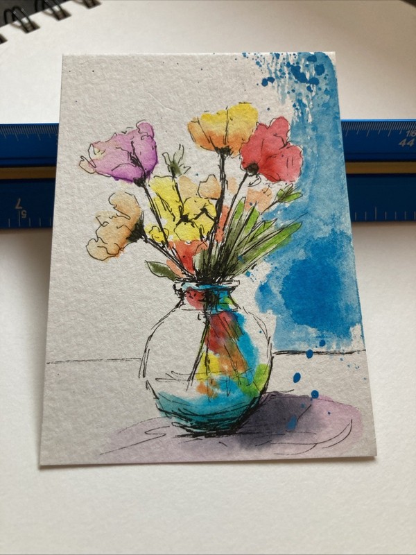 ACEO Original Watercolor Painting OOAK Still Life ATC Artist Trading Card Flower gallery