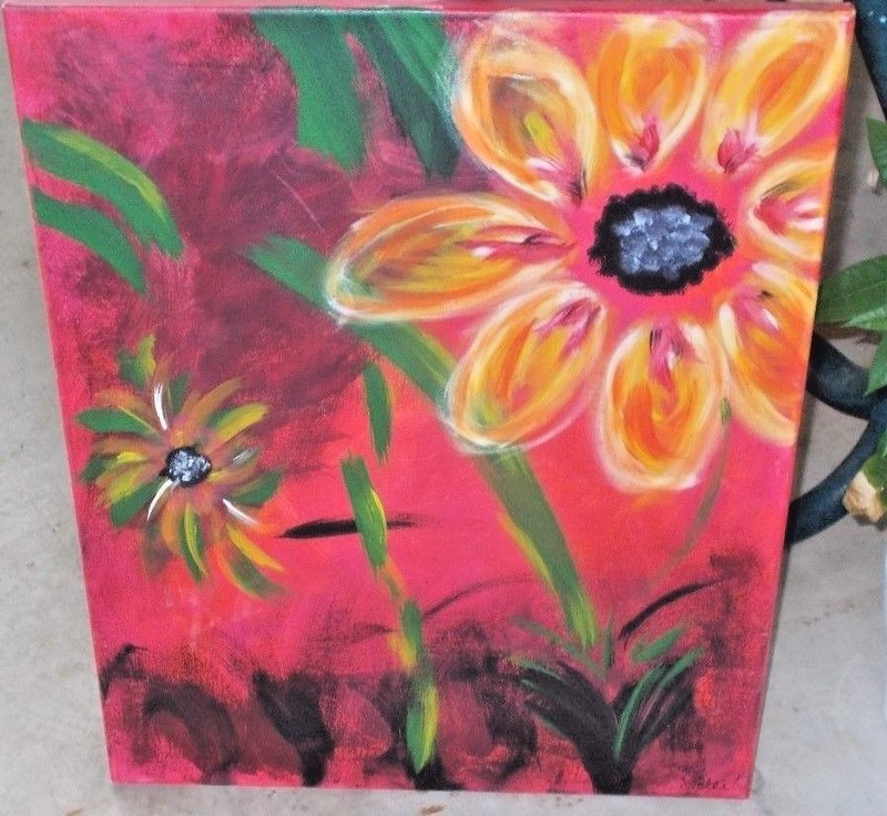 «TROPICAL FLORAL» ACRYLIC PAINTING HAND PAINTED, SIGNED, 16″X20″