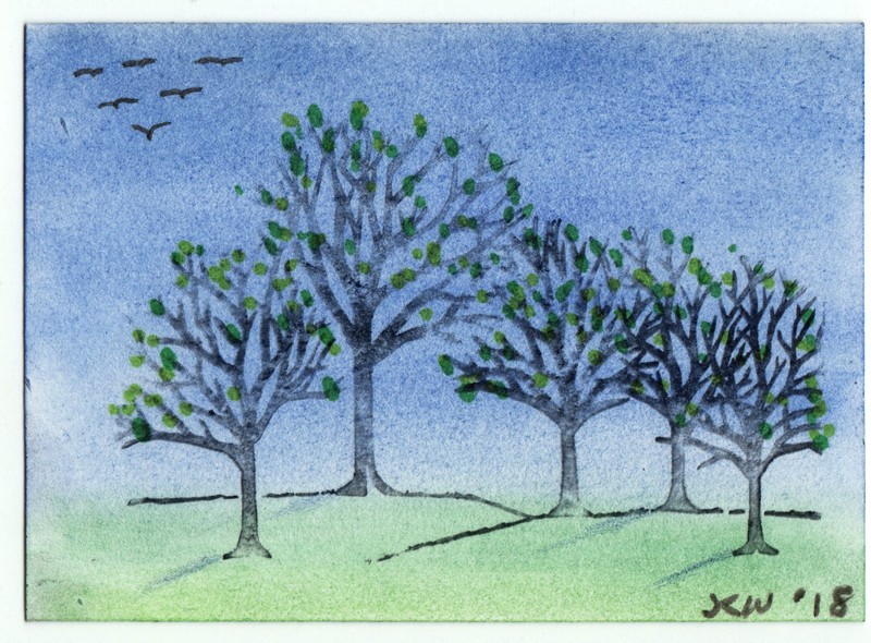 JKW Landscape SPRING Trees Leaves Birds Pastels Folk Art ACEO Original Painting