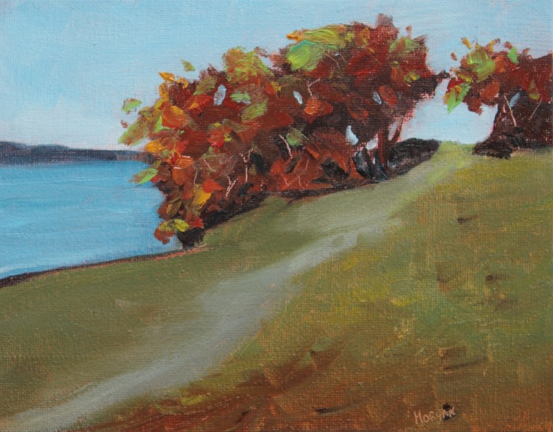 Hill Top Trees (After Streeton) – Autumn Landscape Painting, Lake & Foliage Art