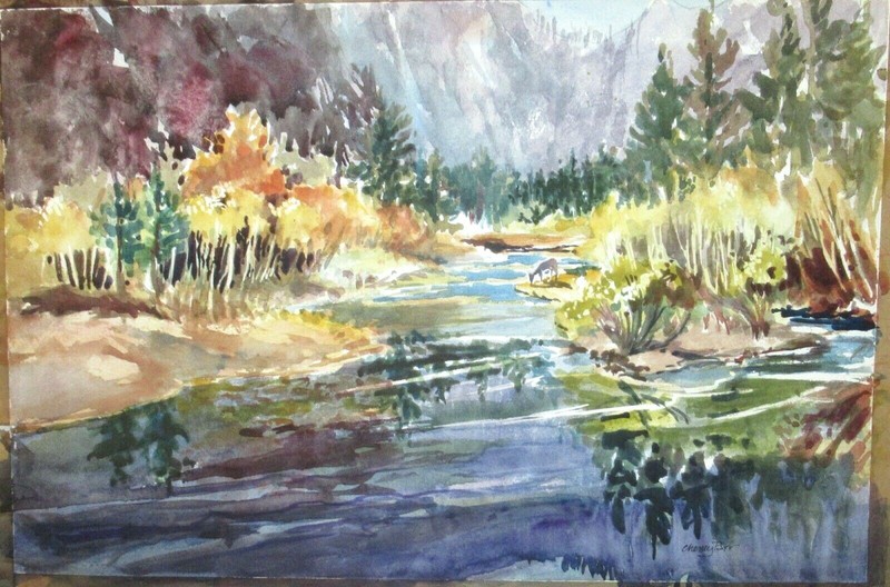 LESLIE CHENEY-PARR «MERCED RIVER FAWN» ORIGINAL WATERCOLOR LANDSCAPE PAINTING