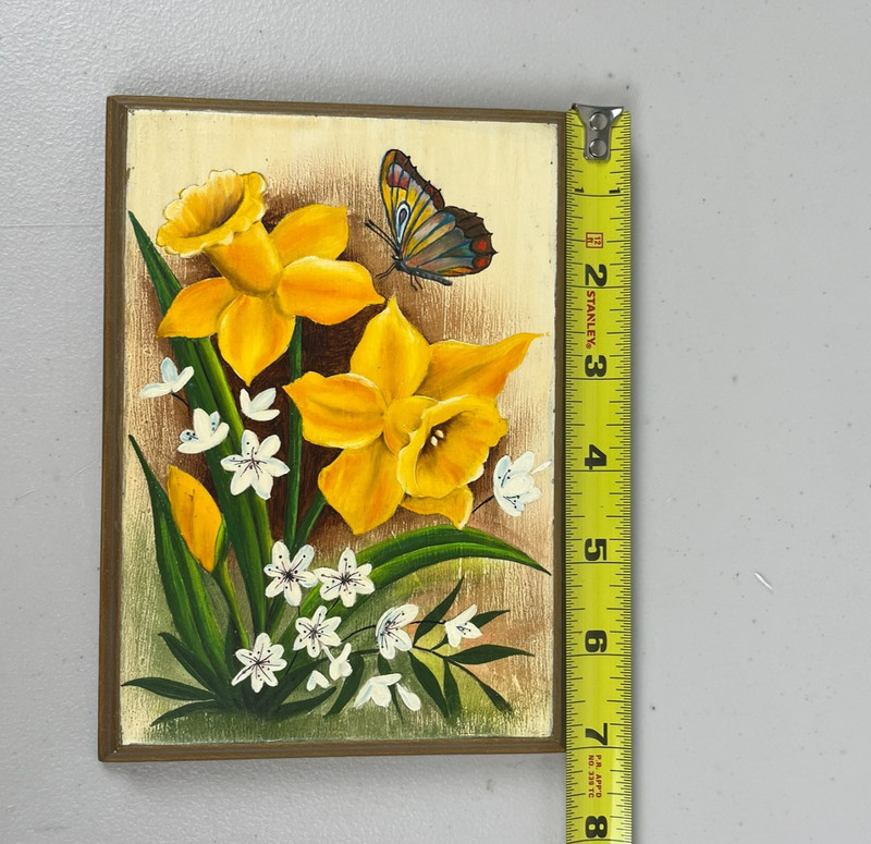 Vintage Butterfly Daffodils Painting Image Boho Art Frame Nature 7" gallery