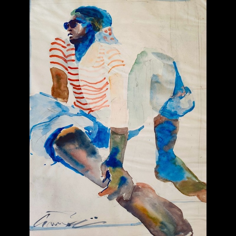 CRAMOLINI African American Black Figure At Beach ORIGINAL Drawing Painting