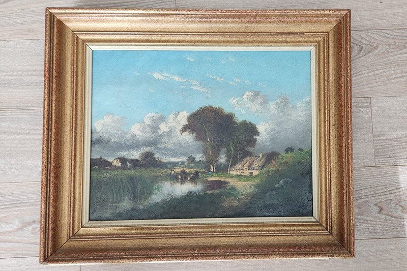 LEON VICTOR DUPRE, Painting pond with farm and cows, circa 1850-60, oil on panel