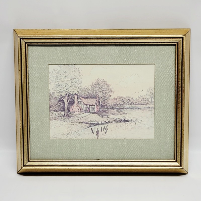 Vintage Framed Cottage Landscaped Ink Sketched Print- English Countryside