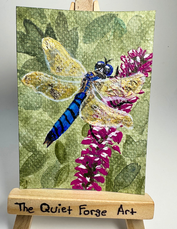 ACEO Original card «Goldenfly» Dragonfly on flower «TheQuietForgeArt» Floral