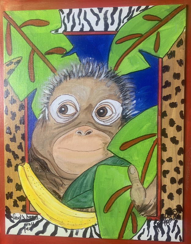 “God’s Hand…My Pen” Framed Acrylic on Canvas Signed By HB Hyman Orangutan Bright gallery