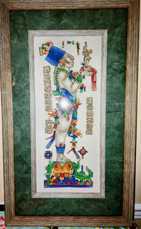 Custom Framed Mayan Pyrography Suede Leather Painting of Chan-Bahlum 16″ x 28″