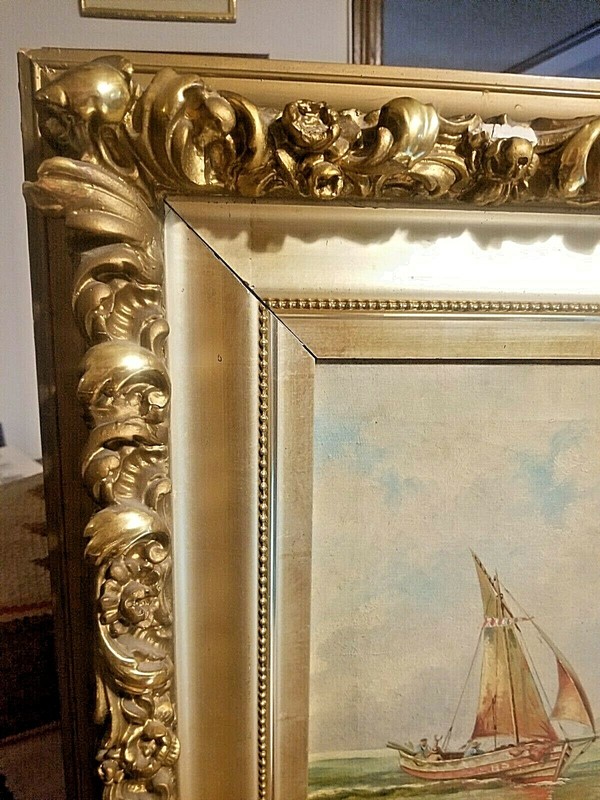 BEAUTIFUL 1800s O/C PAINTING FISHING SAIL BOAT IN STUNNING GOLD LEAF FRAME gallery