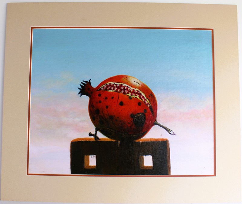 VINTAGE OIL PAINTING ON CANVAS PANEL 1985 SIGNED STILL LIFE POP ART POMEGRANATE