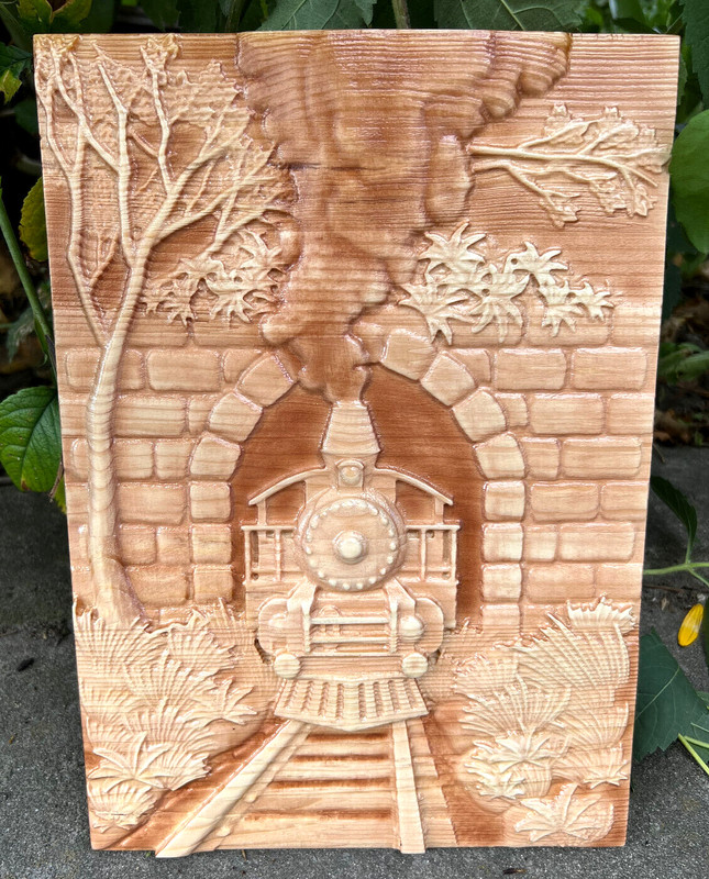 Locomotive Leaves Tunnel Wood Carving Multicolor Picture Woodworking 3D Handmade