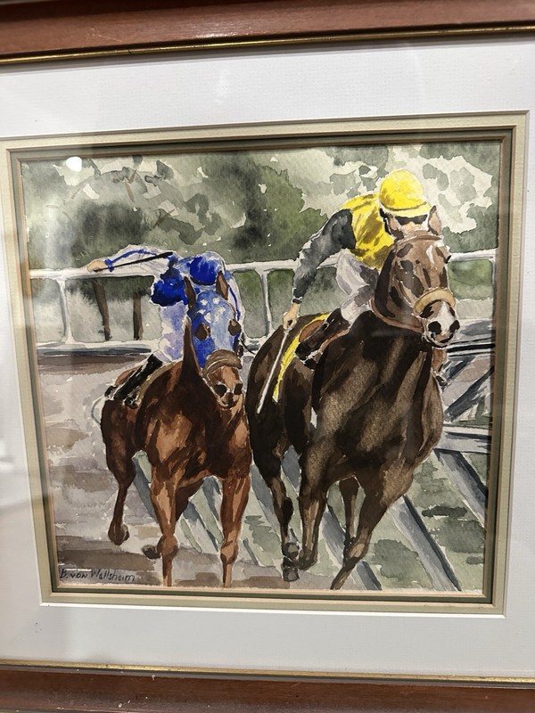 Equestrian Watercolor Painting by B. von Wellsheim Two Horses 15” X 15” Framed gallery