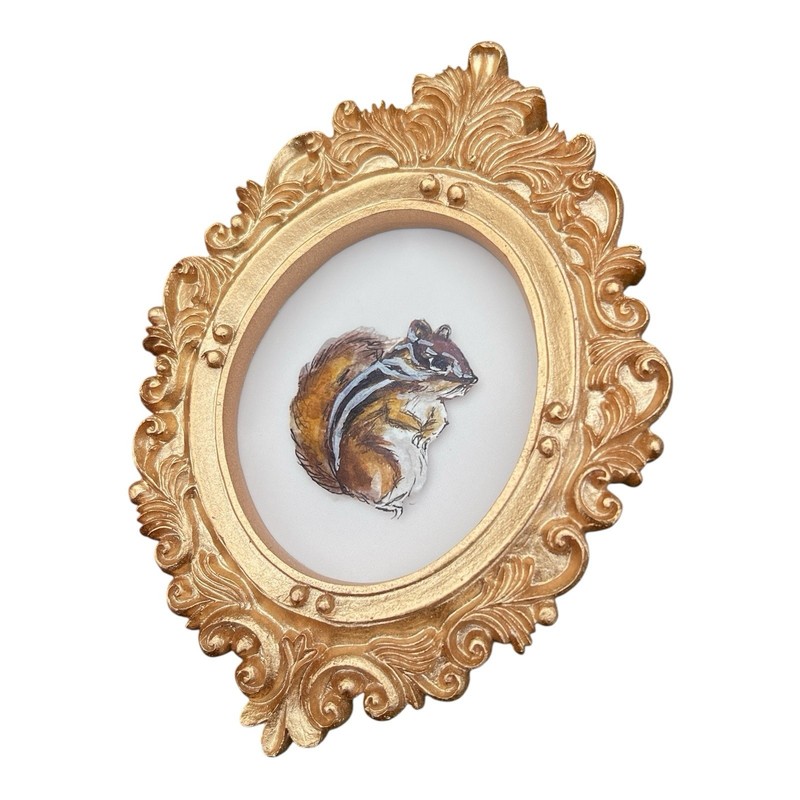 Chipmunk 🐿️watercolor print of painting in mini gold vintage style ornate frame gallery