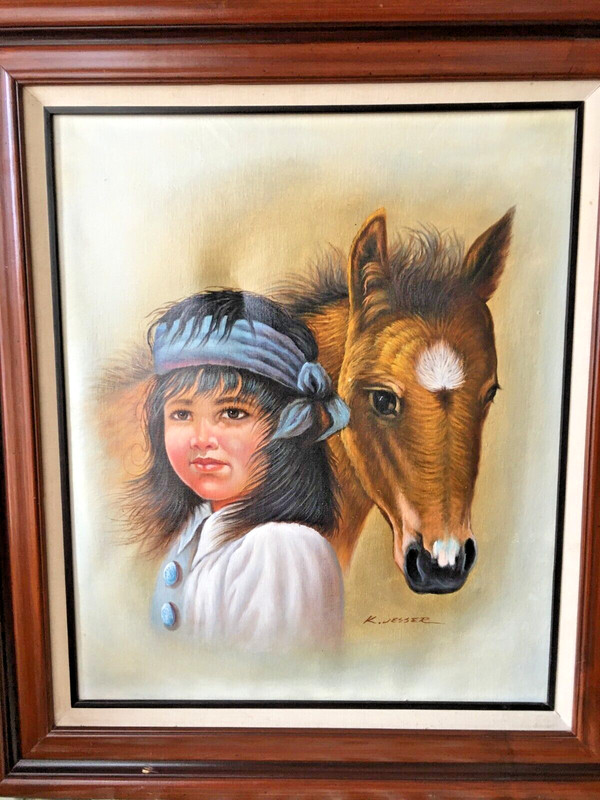 Stunning Portrait of a Young Native American Girl & Donkey Signed K Wesser 32/27