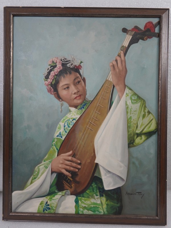 ASIAN ARTIST FRANCIS TSOY HONG KONG PORTRAIT PAINTING MUSICIAN PLAYING PIPA