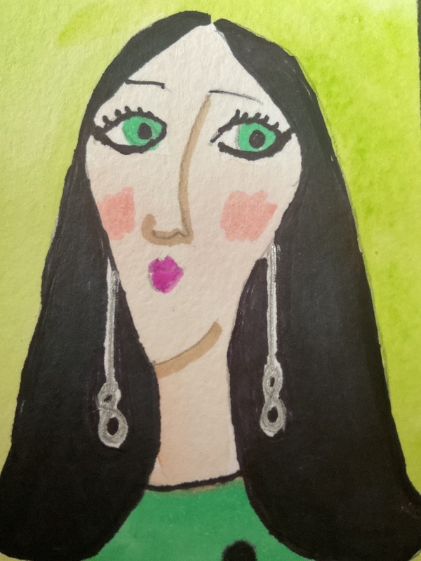 ACEO watercolor art by PJ, art card 2.5 x 3.5: lady green eyes.