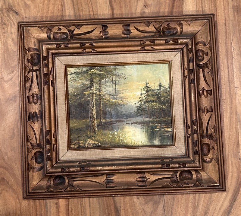 Original Oil on Canvas Woodland Lake Landscape Painting Signed 10×8 Carved Frame