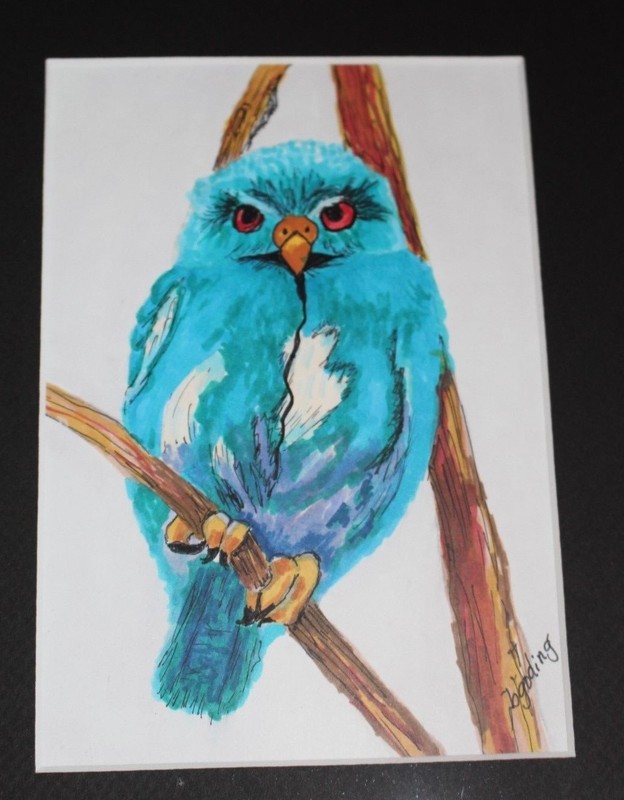 «The Blue Owl» -Alcohol Ink Painting 5″X7″ – 8″X10″ Pro Beveled Mat in Frame