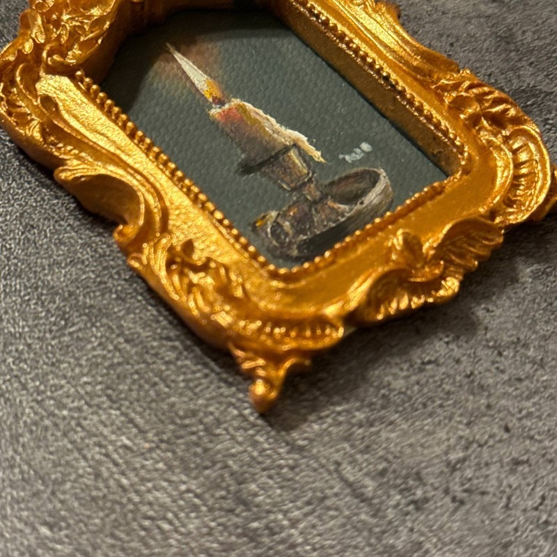 Tiny Gold Frame Painting of Lighted Candle Original Still Life Oil Signed Moody gallery