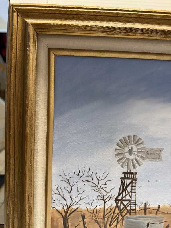 Hazel Douglas Framed Signed Oil on Canvas Painting Barn Windmill Landscape 14x18 gallery