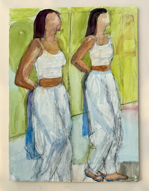 ⭕️ LARGE MODERN EXPRESSIONIST WATERCOLOR TWO WOMEN