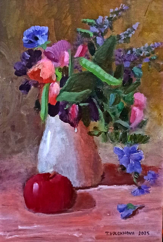 Acrylic painting on canvas board flowers by T. Volokhova. 8 x 12 inch