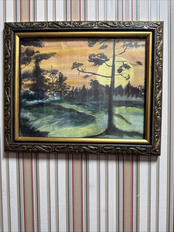 Original Framed Landscape Painting Vintage Style Sunset Pine Trees Dark Academia