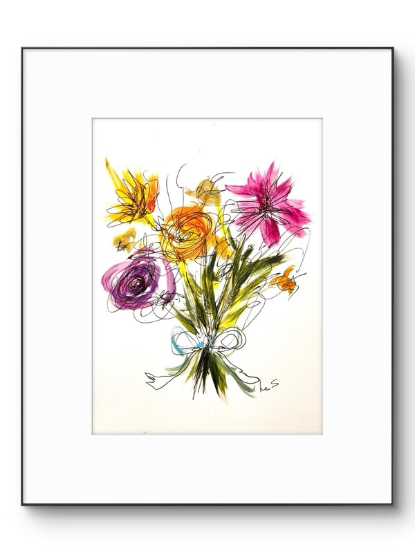 Original Flowers Abstract 9×12 Colorful Drawing Handmade Signed Fine Wall Art 20