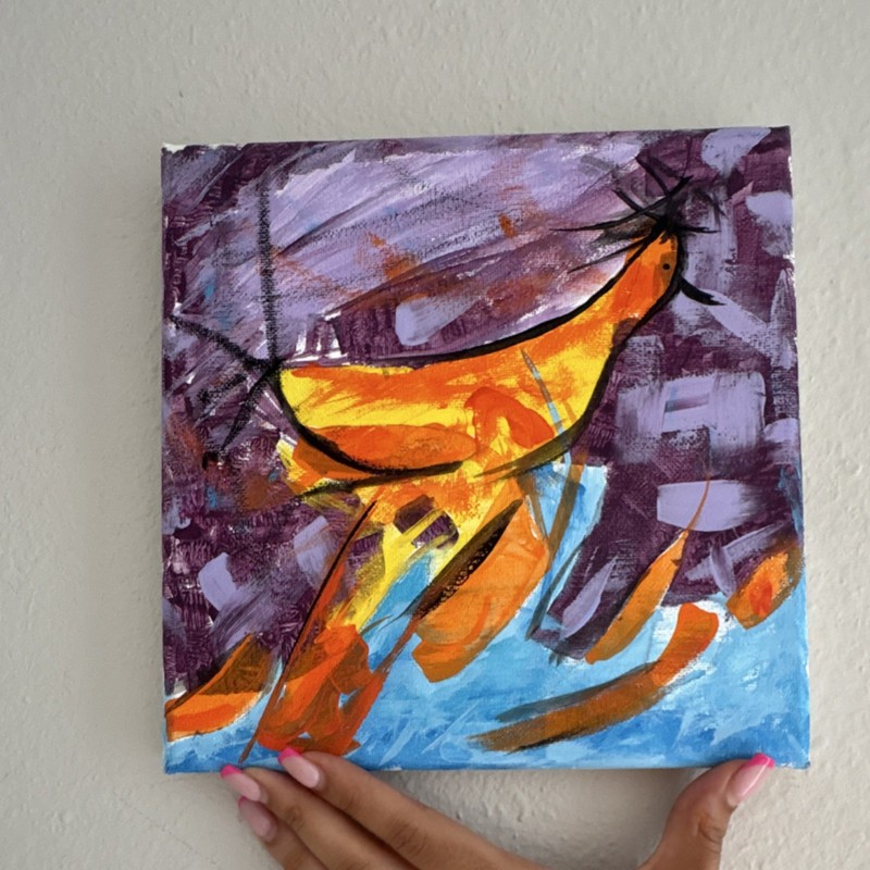 Abstract Bird Original Acrylic Painting on Canvas, Orange Purple, Small