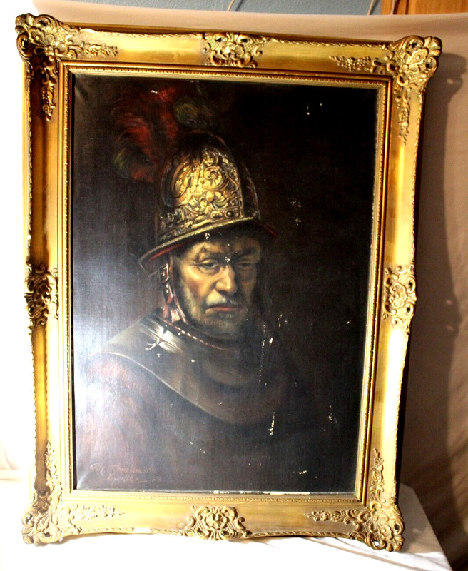 Vintage 1962 Oil Painting Man with the Golden Helmet Rembrandt Copy Gilt Frame gallery