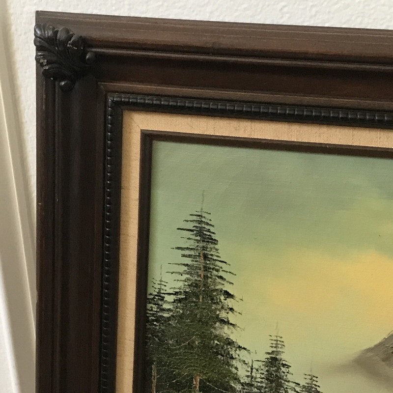 H. Foster Signed Oil Painting Mountain, River, & Cabin 27x31 Frame ~20x24 Canvas gallery