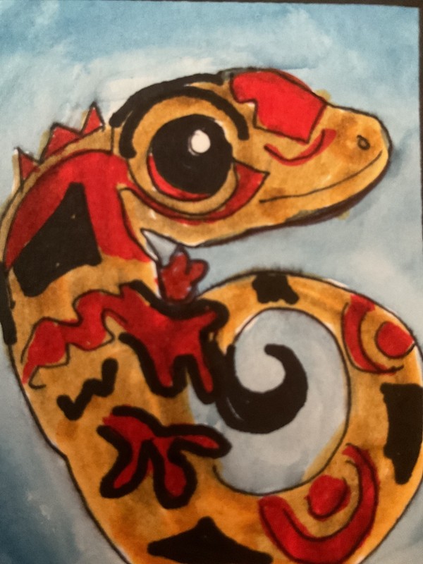 ACEO watercolor art by PJ, art card 2.5 x 3.5: gecko, Native American style.