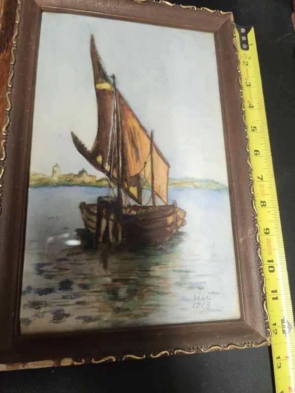 Antique 1903 Watercolor Sailboat, Signed G.G., Geneva Nautical Framed Art gallery
