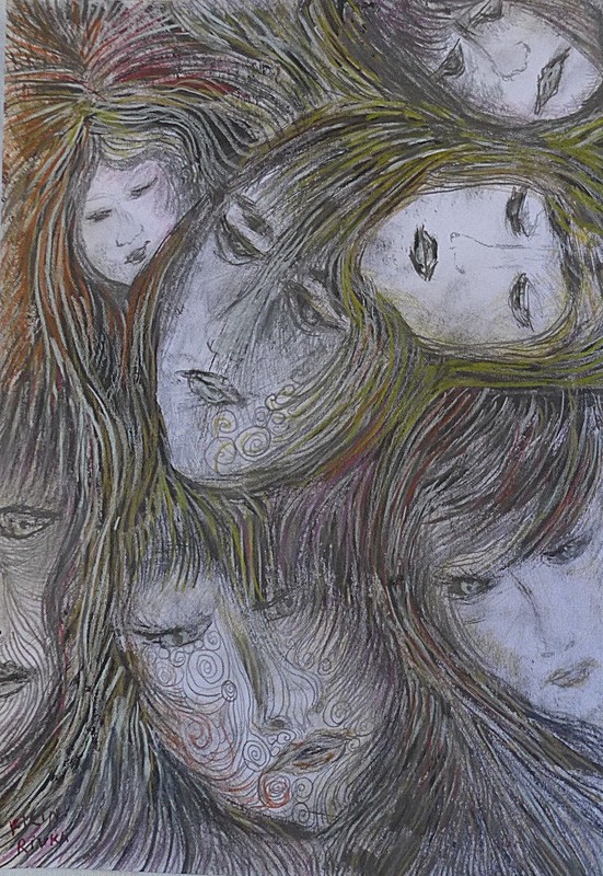 ORIGINAL FEMALE DRAWING 13 X 9 INCH BROWND BLACKS PENCILS BY RIVKA FILIIN gallery